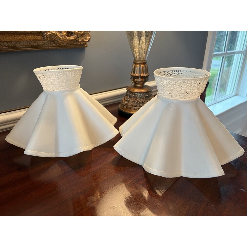 PAIR Vintage Clip On Lamp Shade  Off White Ruffled Plastic Boudoir Lamp Shades